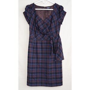 Allen B Knee Length Dress Brown Blue Plaid Sash Tie Short Sleeves EUC Womens 8